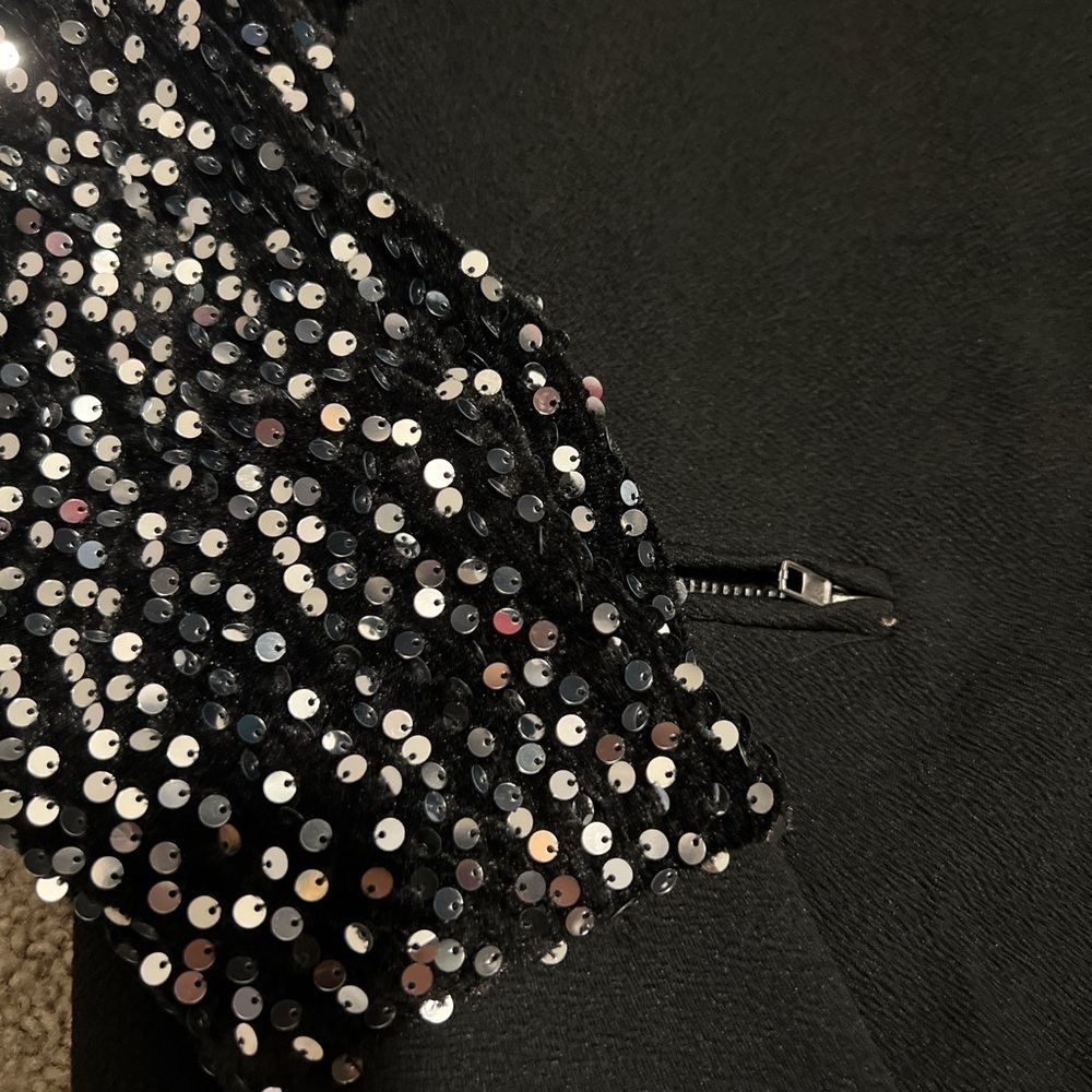 Black Sequin Long Sleeve Bomber Zip-Up Jacket - Picture 2 of 3